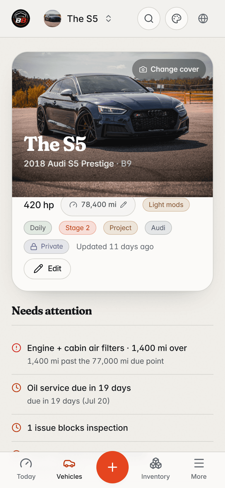 BuildBay vehicle overview for a 2018 Audi S5: masthead with power and mileage, a needs-attention list, and a dated history timeline.