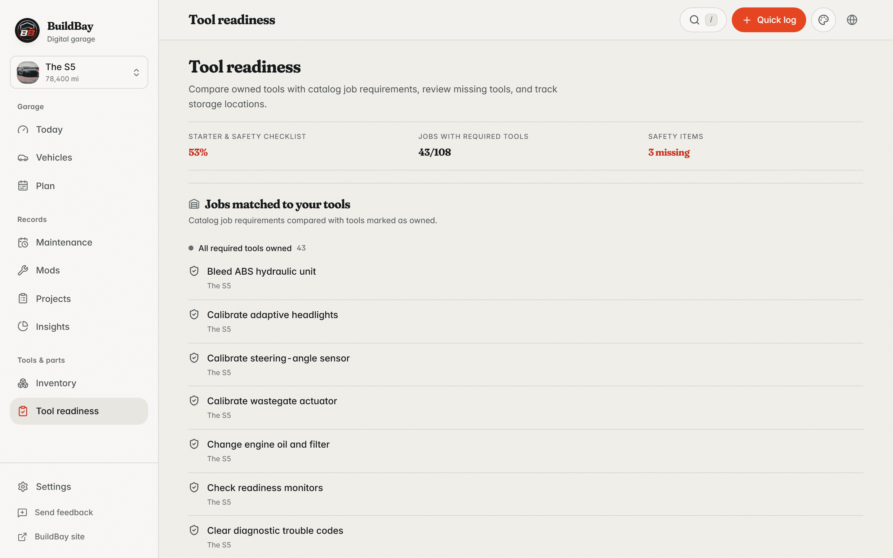 BuildBay tool readiness report matching catalog jobs against owned tools and listing missing tools per job.