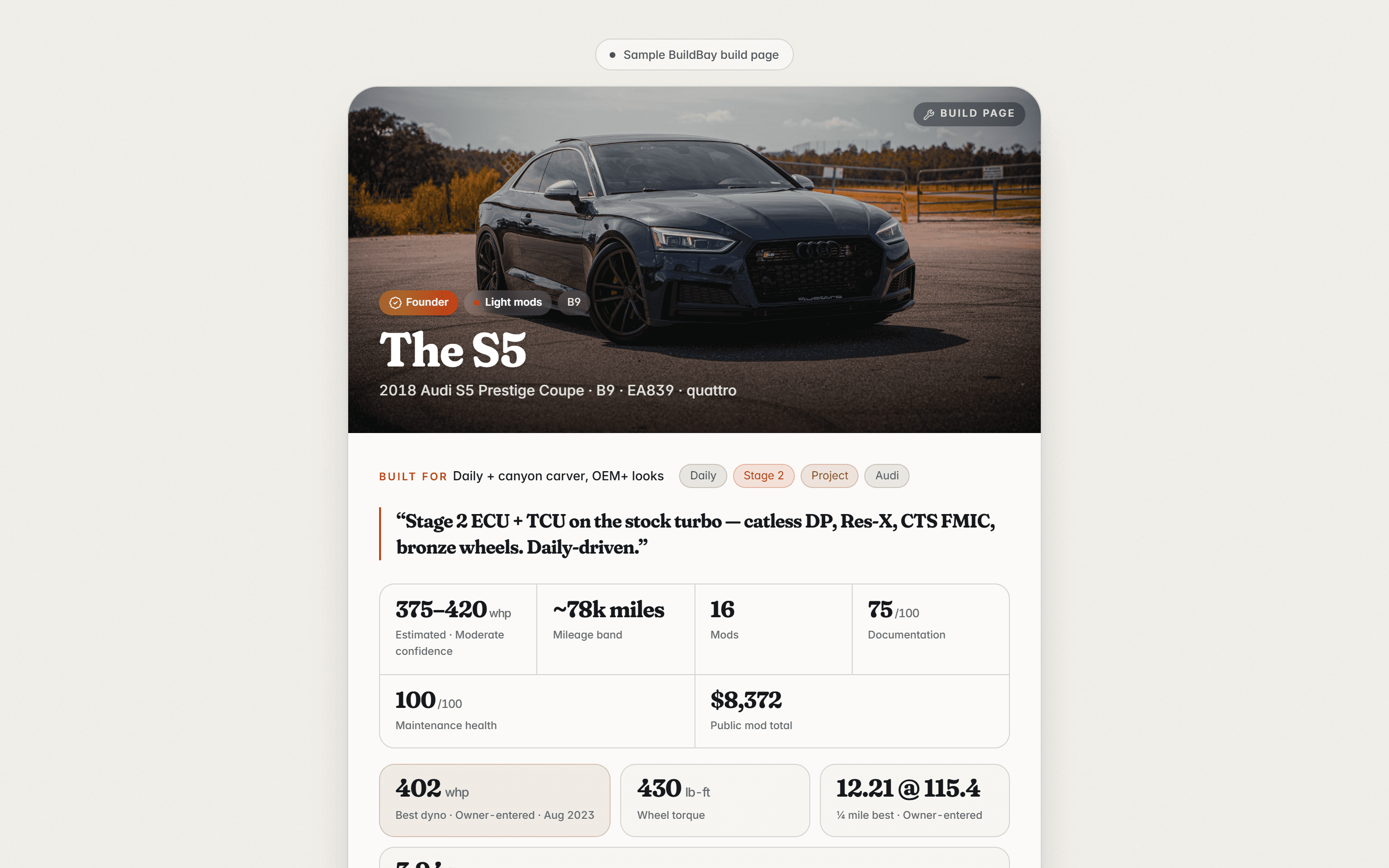 The S5’s public BuildBay build page showing installed mods and milestones with private details excluded.